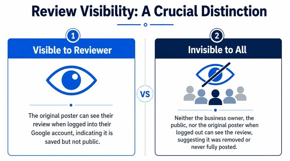 An infographic showing the difference between Google reviews visible to the reviewer versus invisible to all users.