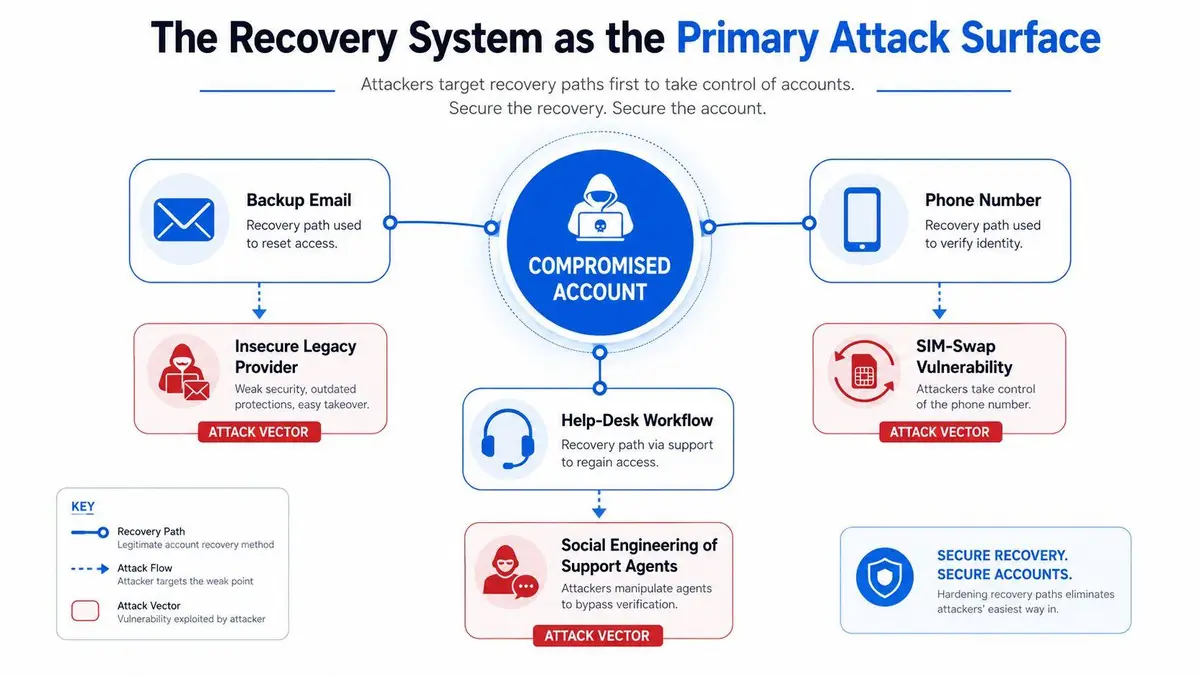 A diagram illustrating how attackers exploit account recovery paths to compromise user accounts through various methods.