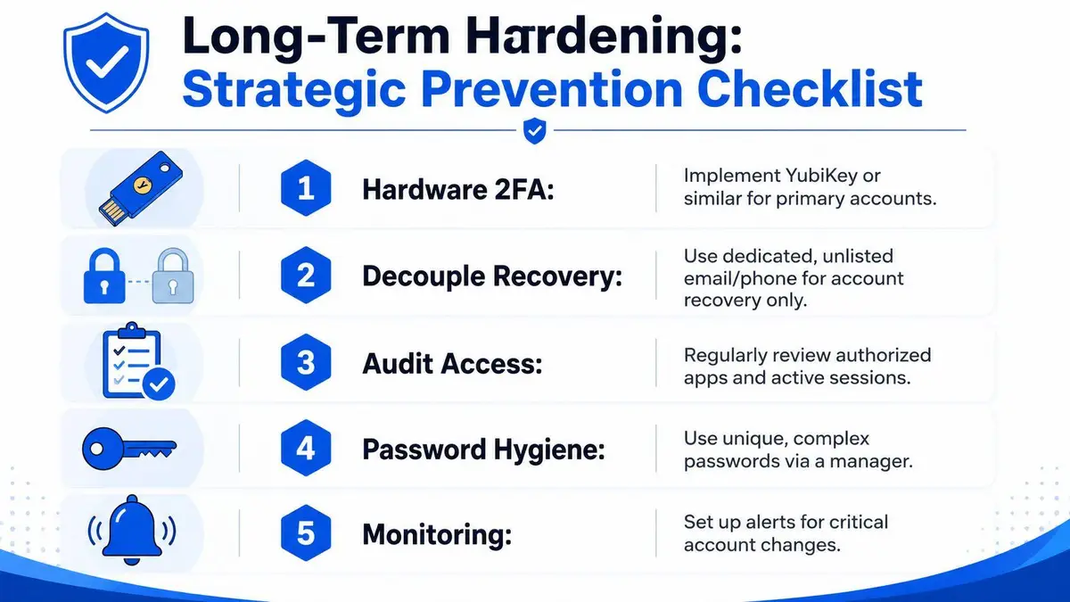 A checklist infographic titled Long-Term Hardening showing five strategic security steps to protect digital accounts.
