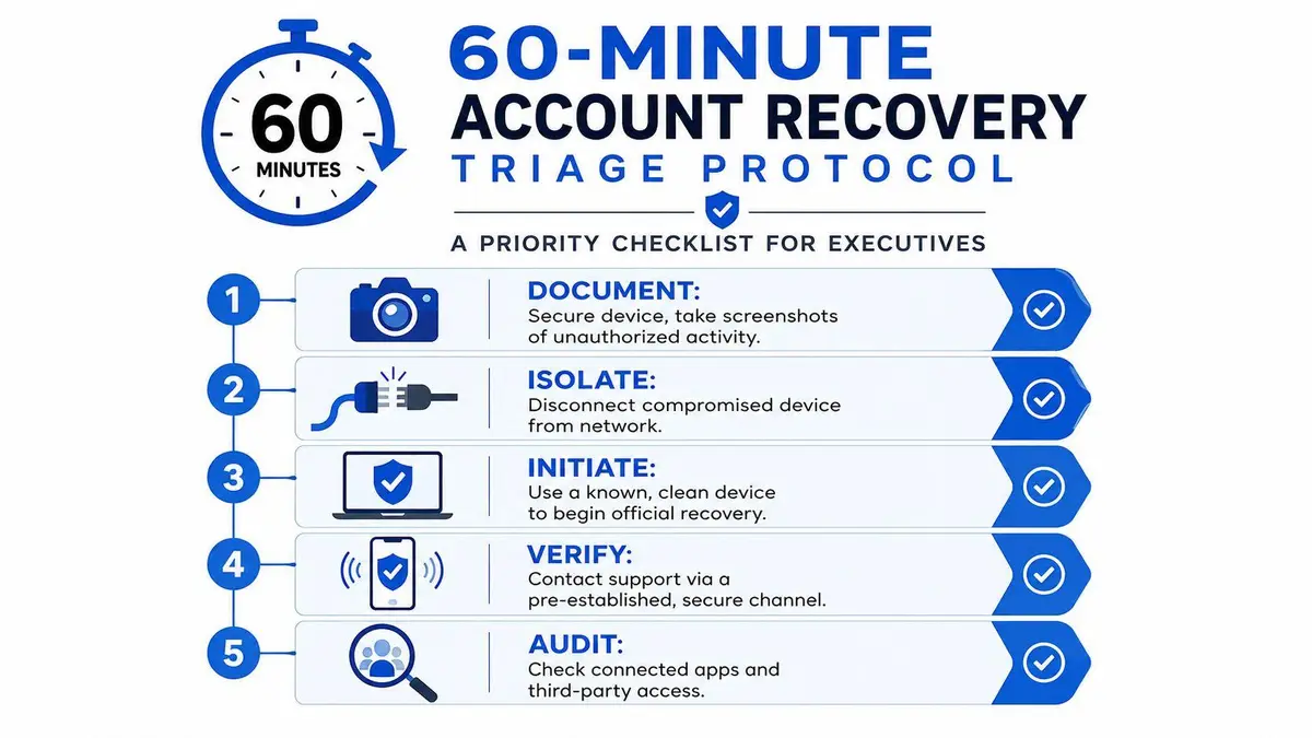 A checklist infographic titled 60-Minute Account Recovery Triage Protocol illustrating five essential steps for responding to security incidents.
