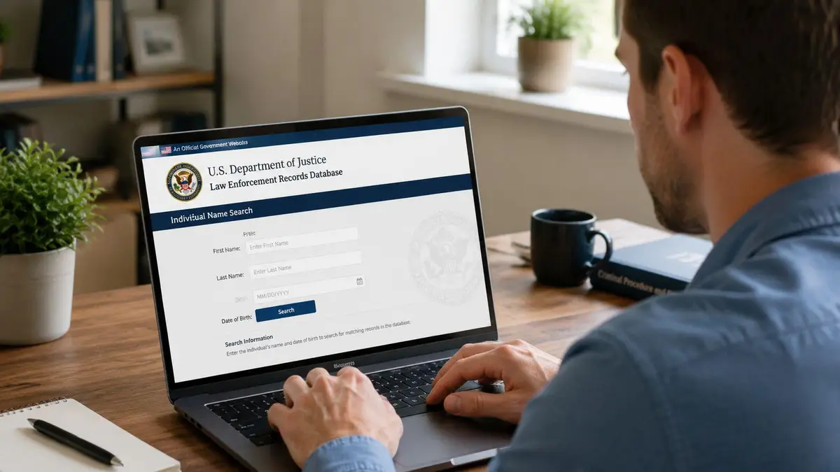 A man using a laptop to search the U.S. Department of Justice Law Enforcement Records Database.