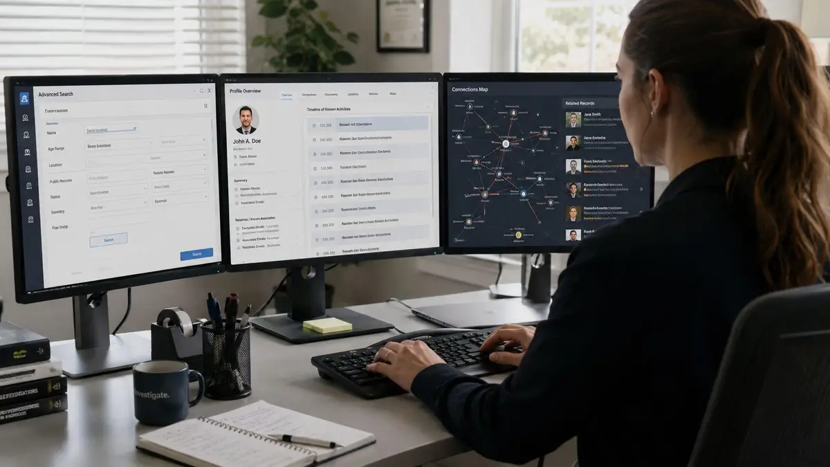A professional working on three computer monitors displaying advanced investigation and search interface software.