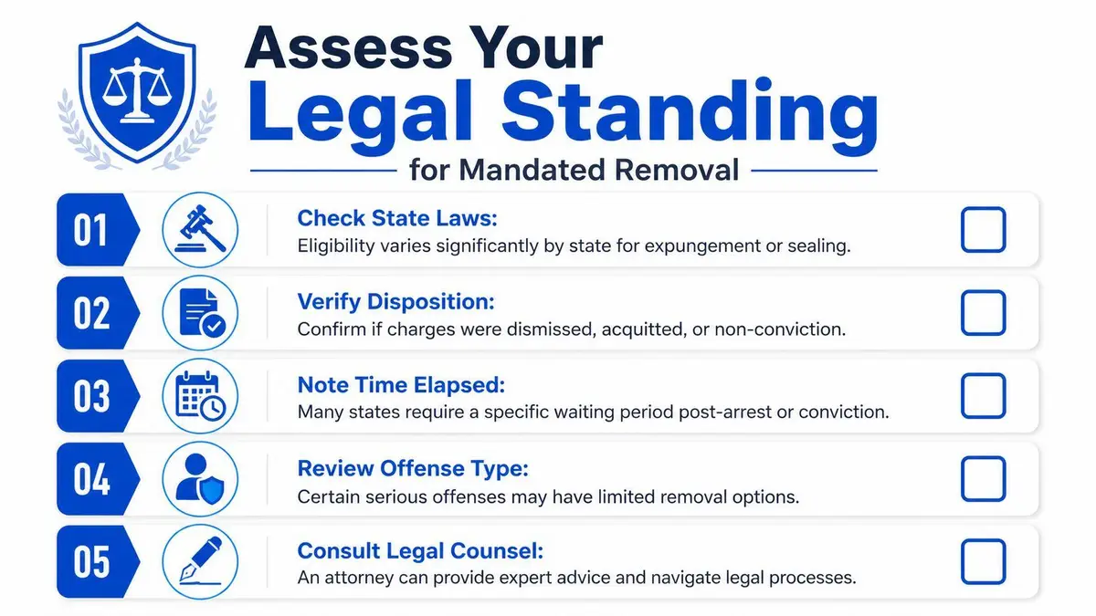 A checklist titled Assess Your Legal Standing for Mandated Removal with steps to clear criminal records.