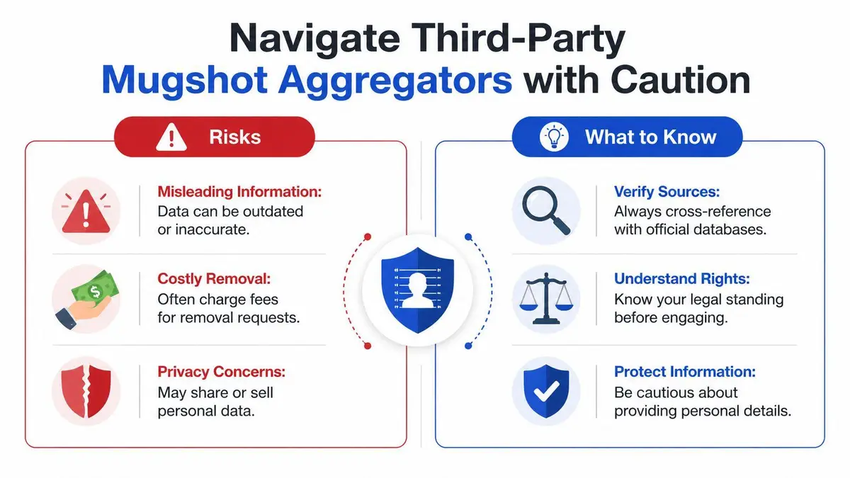 An infographic titled Navigate Third-Party Mugshot Aggregators with Caution outlining risks and precautions for online criminal records.
