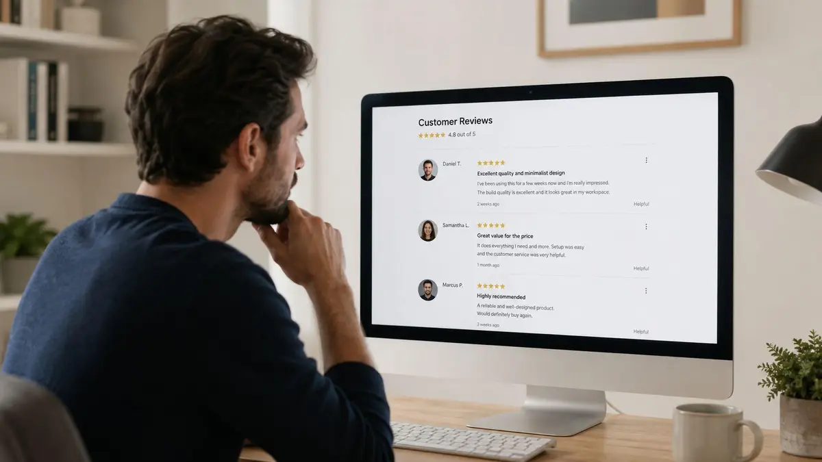 A man thoughtfully looking at a computer screen displaying customer reviews on a website.