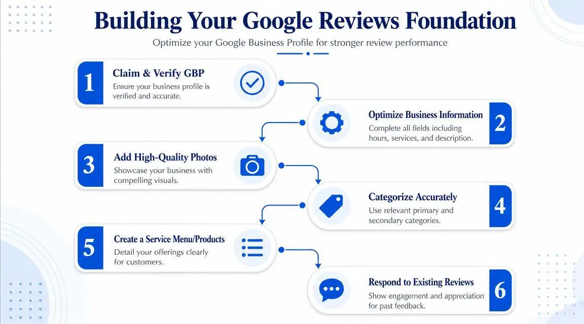 A six-step infographic guide on building a solid foundation for your Google Business Profile to improve review performance.