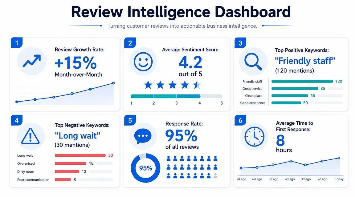 A review intelligence dashboard visualizing customer feedback metrics, growth rates, sentiment scores, and staff response times.