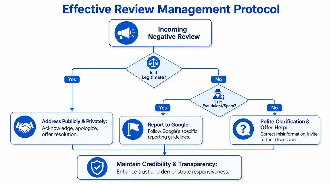 A flowchart showing the Effective Review Management Protocol for handling negative customer reviews on platforms like Google.