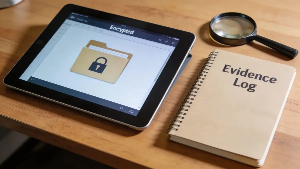 A digital tablet displaying an encrypted folder icon beside an evidence log notebook and a magnifying glass.