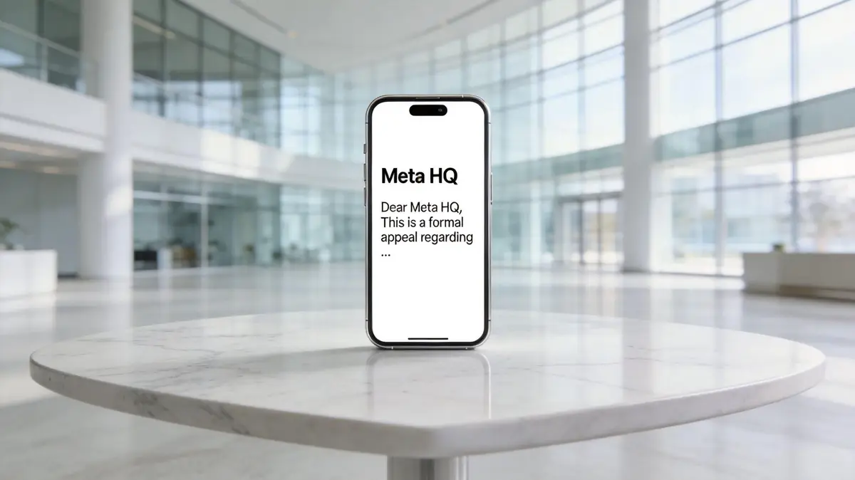 A smartphone on a marble table displaying a formal appeal message addressed to Meta Headquarters.