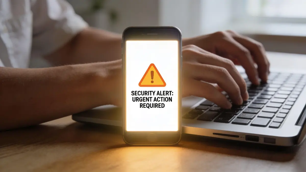 A person typing on a laptop with a smartphone showing an urgent security alert screen nearby.