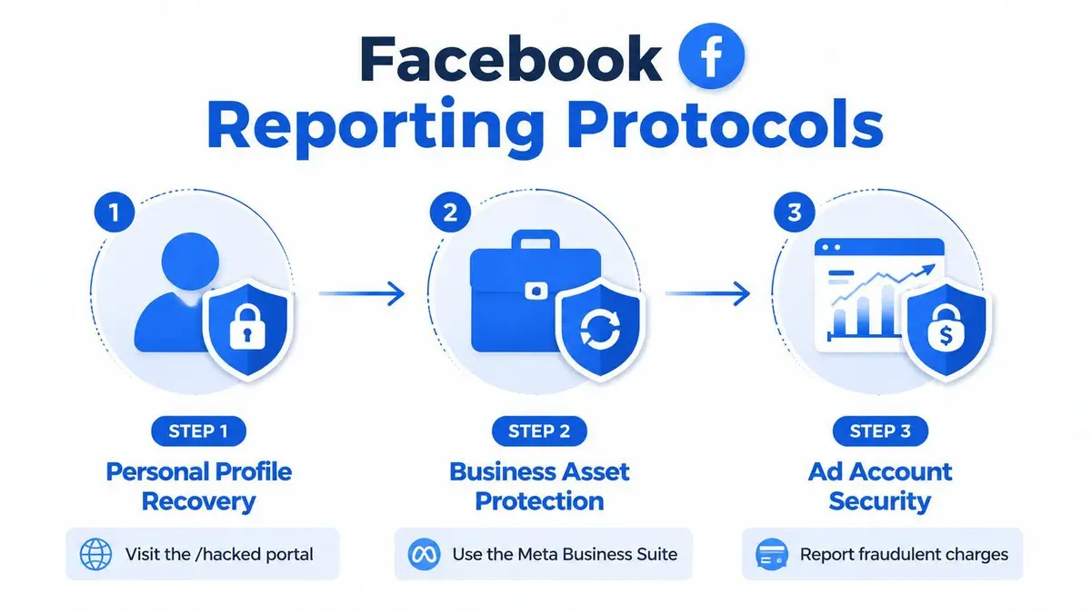 A three-step infographic showing how to secure and recover Facebook accounts after a security breach or hacking.