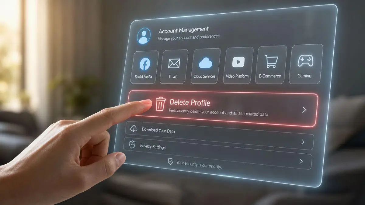 A human hand interacting with a holographic interface to delete a digital user account profile.