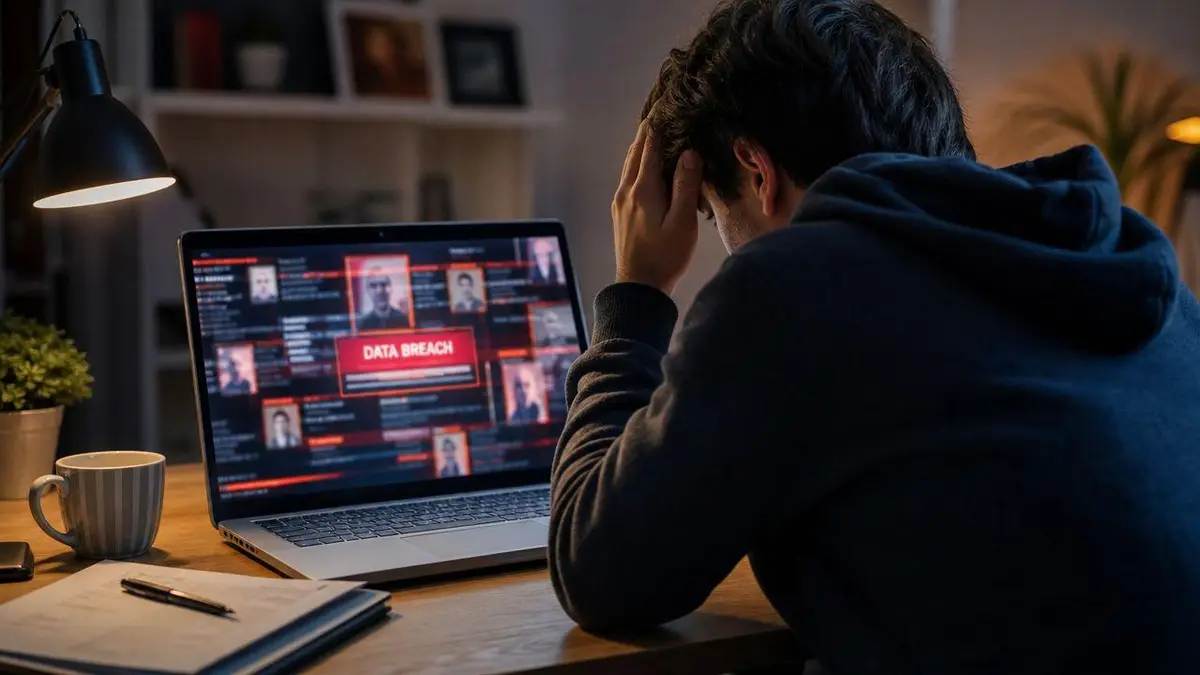 A stressed man looking at a laptop screen displaying a data breach alert in a dark room.