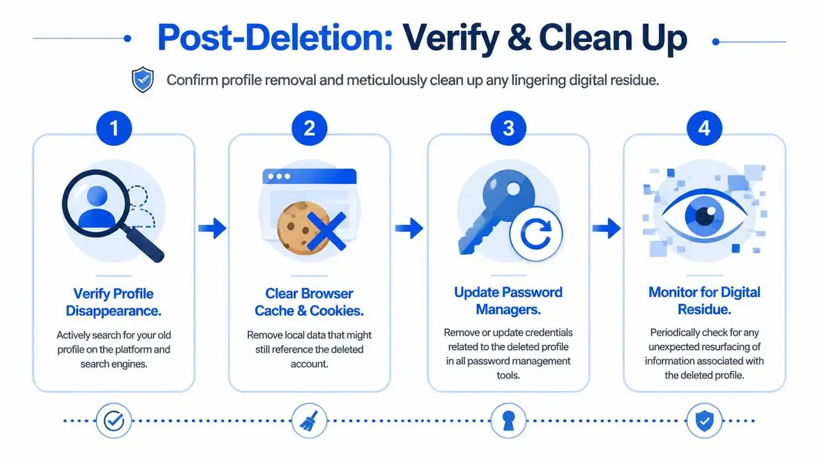A four-step infographic illustrating how to verify and clean up digital data after deleting an online profile.
