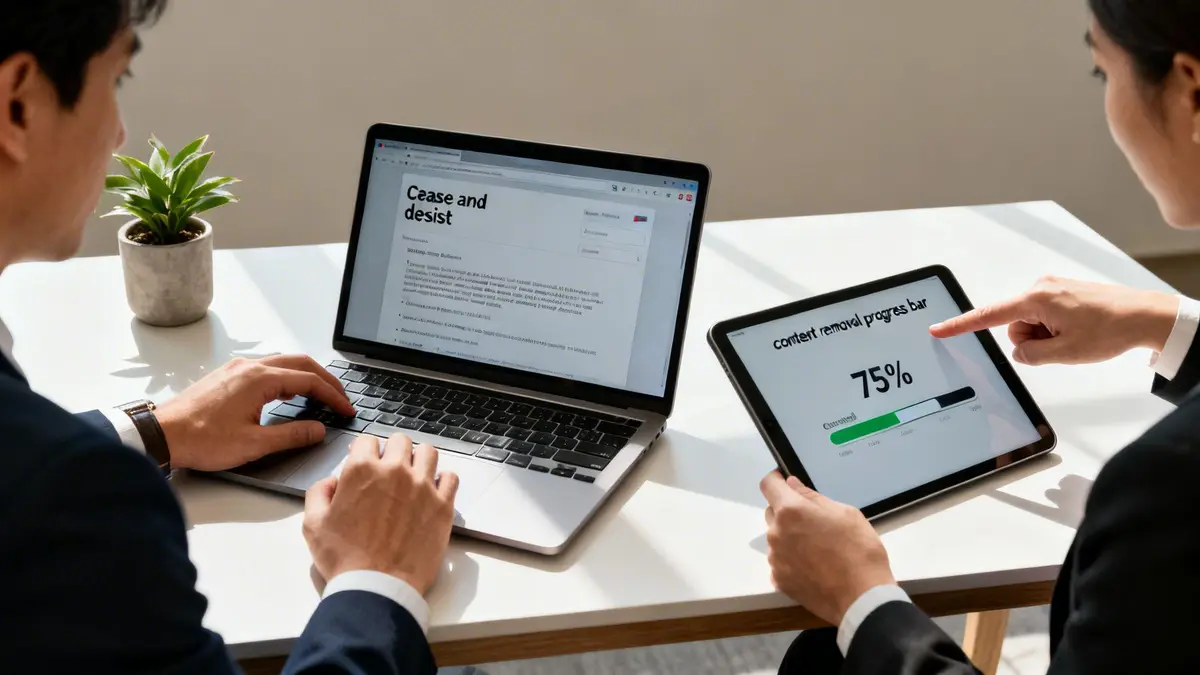 Two people working on a laptop and tablet, discussing content removal and a cease and desist order.