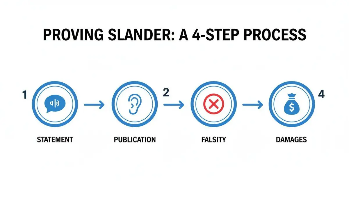 A flowchart detailing the 4-step process for proving slander: statement, publication, falsity, and damages.