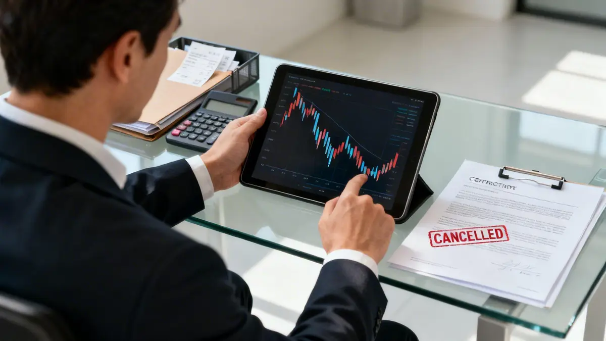 Businessman analyzing a stock market chart on a tablet with a cancelled contract nearby.