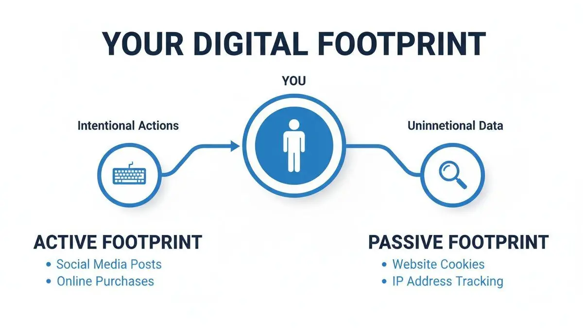 Diagram illustrating the two types of digital footprints: active (intentional) and passive (unintentional).