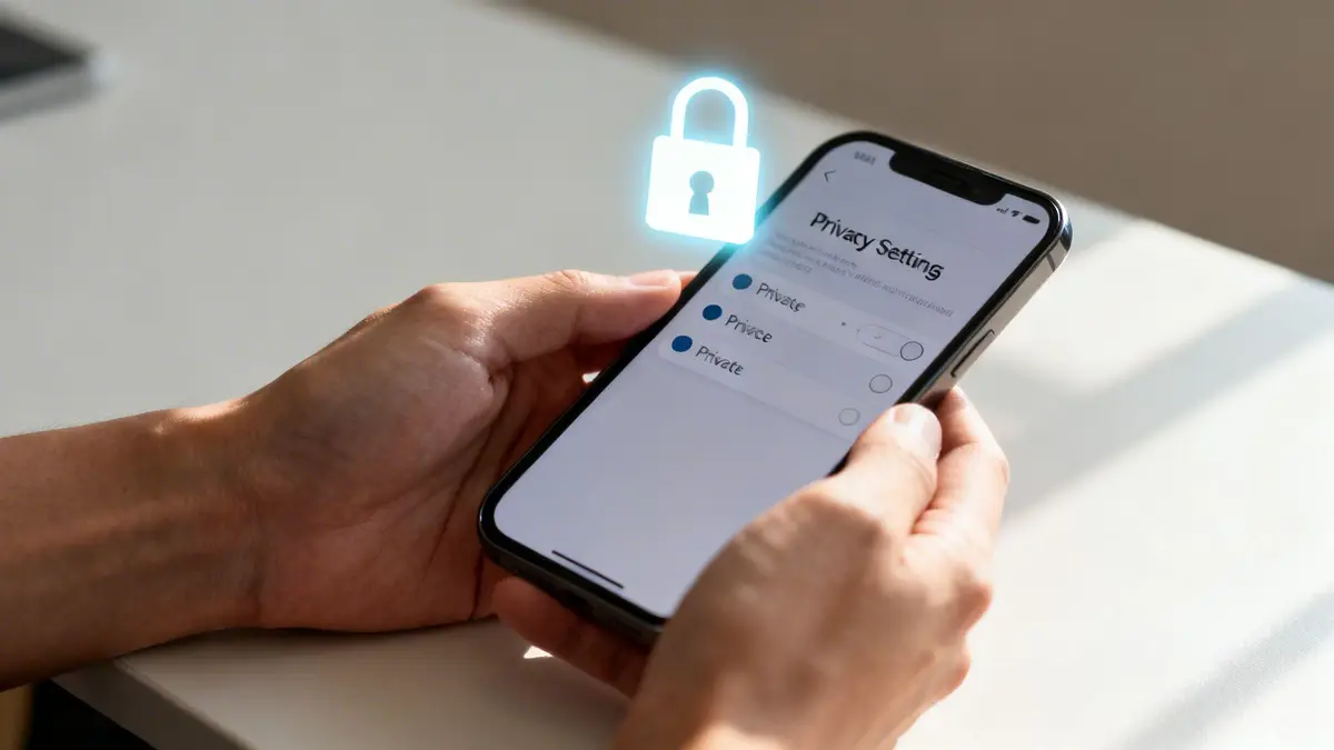 Hands holding a smartphone displaying privacy settings with a glowing padlock icon.