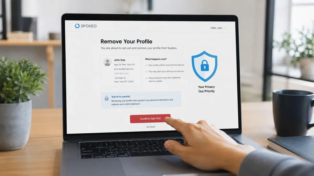 A person clicking a Confirm Opt-Out button on a laptop screen to remove their Spokeo personal profile.