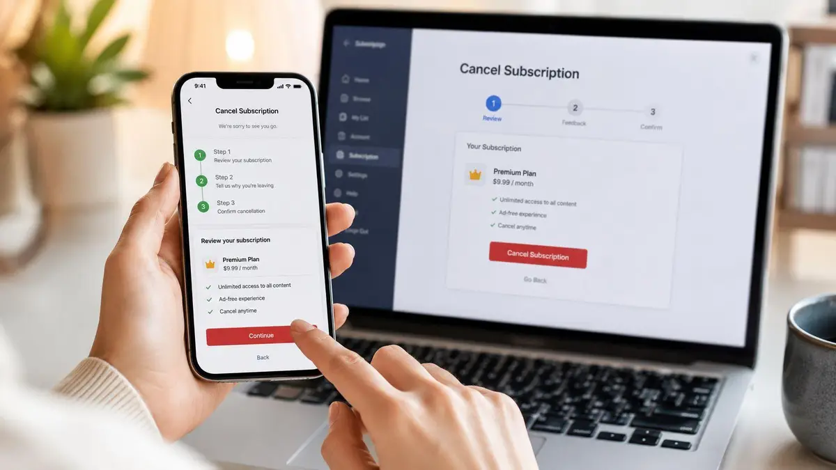 A person using a smartphone and laptop to navigate an online subscription cancellation process for a premium plan.