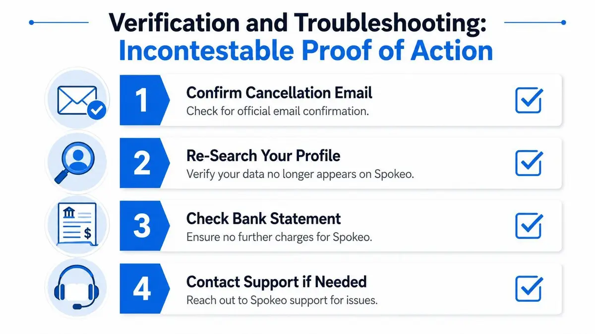A checklist showing steps to verify and troubleshoot the cancellation of a Spokeo account.