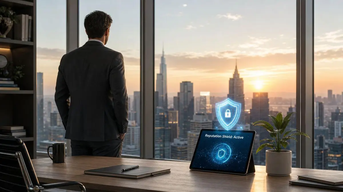 A businessman in a suit looks out at a sunset cityscape with a digital reputation shield monitor.