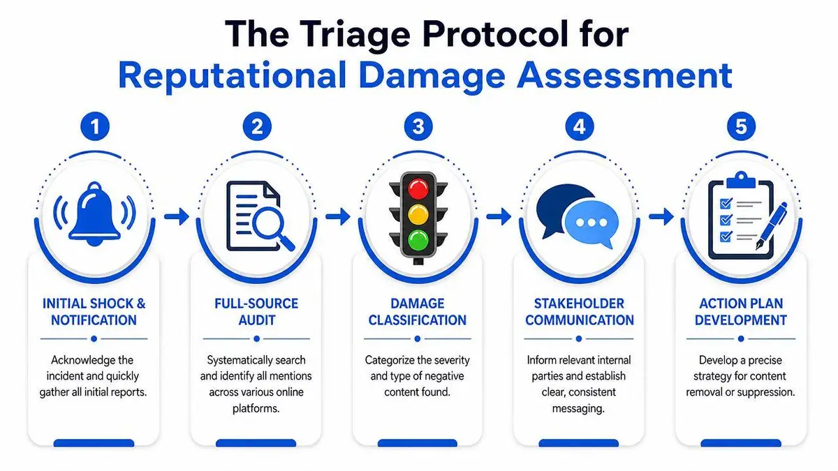 A five-step flowchart illustrating a triage protocol for assessing and managing online reputational damage in business.