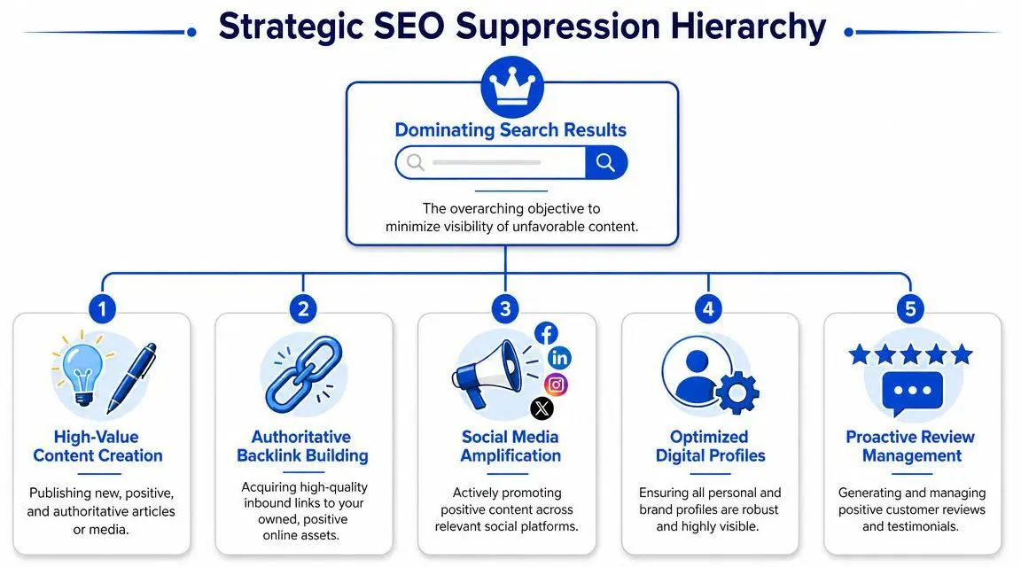 A diagram illustrating a strategic SEO suppression hierarchy to minimize negative search results through five actionable steps.