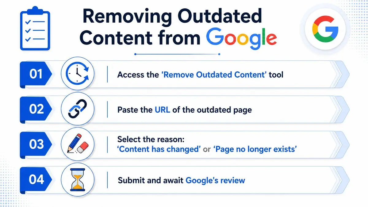 A four step infographic illustrating the Google Search process for removing outdated website content from search results.