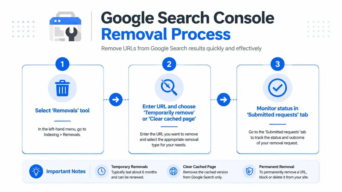 An infographic showing the three-step Google Search Console process for requesting URL removals from search results.