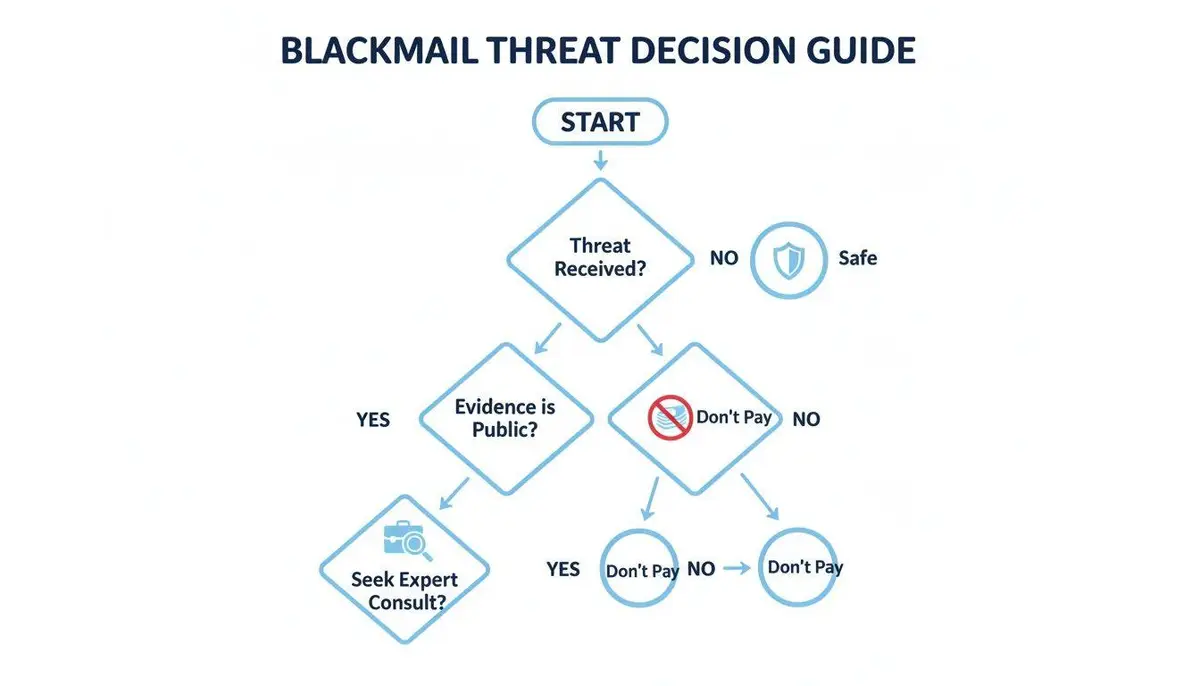 A flowchart titled 'Blackmail Threat Decision Guide', outlining steps to handle a blackmail threat.