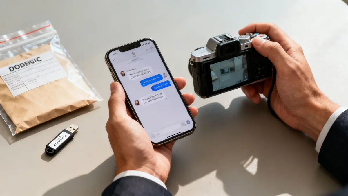 Hands holding a smartphone and a camera on a table with an evidence bag and a USB drive.