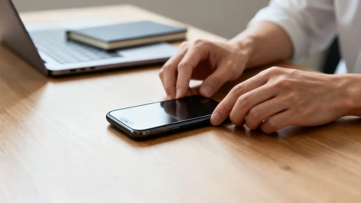 Close-up of hands placing a smartphone on a light wooden desk next to a laptop.