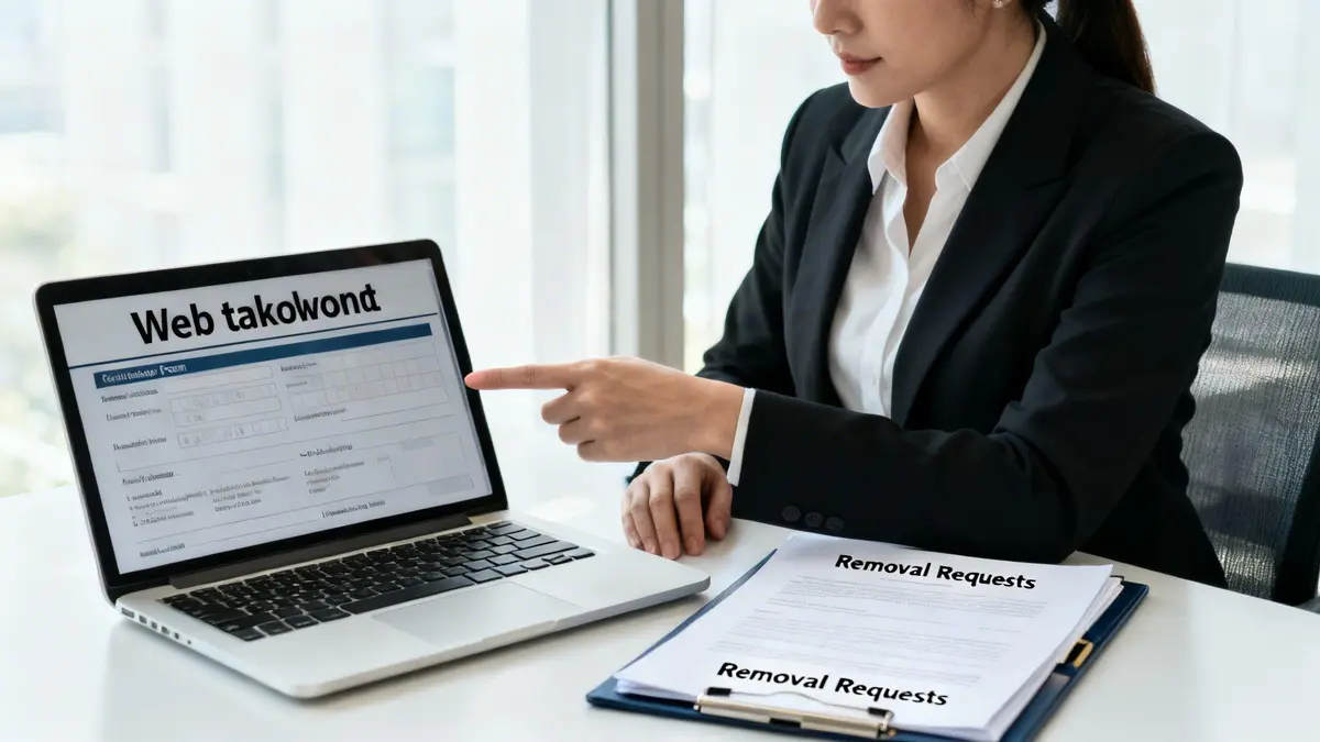 A businesswoman points at a laptop displaying a "Web takolowond" form, with "Removal Requests" documents nearby.
