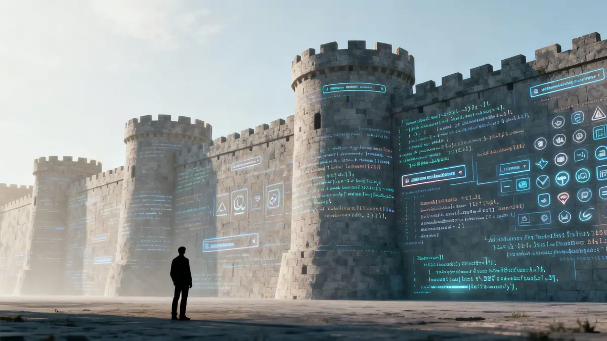 A silhouette of a person standing before a medieval stone castle wall covered in digital code.