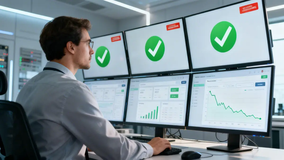 A professional IT specialist working at a computer desk monitoring digital system performance on multiple large screens.