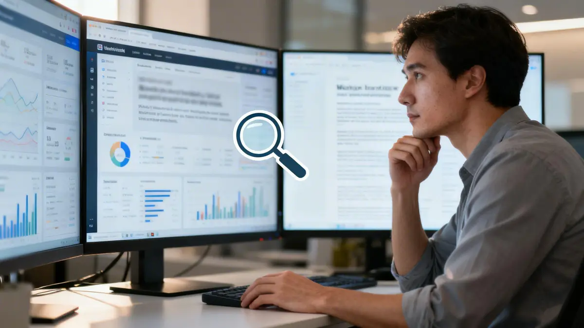 A professional analyzing data and SEO metrics on multiple computer monitors in a modern office environment.
