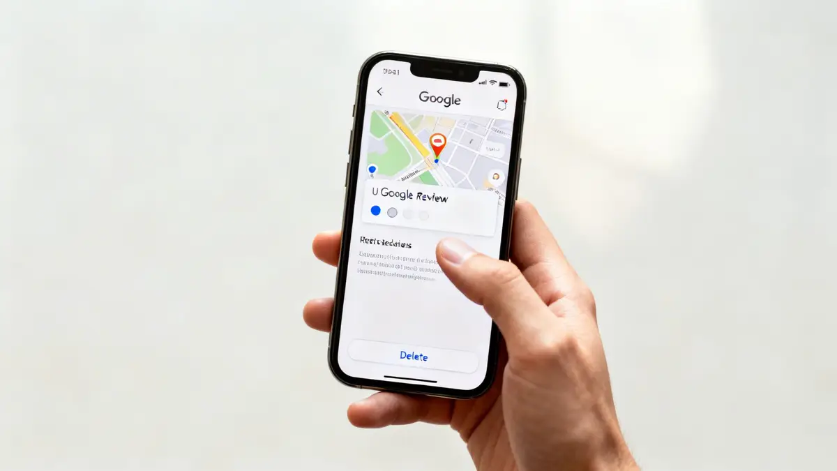 A hand holds an iPhone displaying Google Maps, showing a 2-star review with a 'Delete' button.