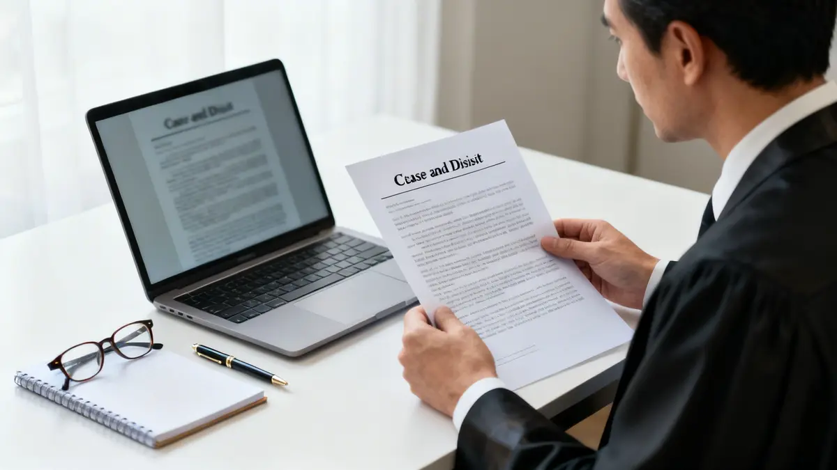 A person in legal attire reviews a 'Cease and Desist' document at a desk with a laptop.