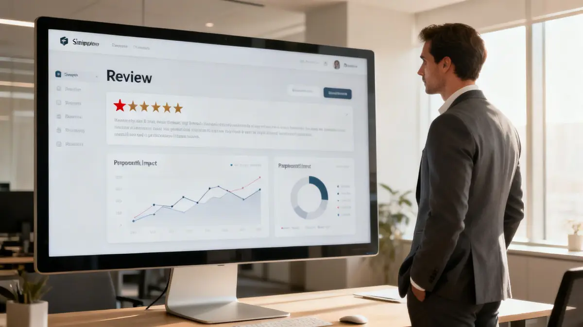 A professional man in a suit stands, observing a large computer monitor displaying a business review dashboard with charts.