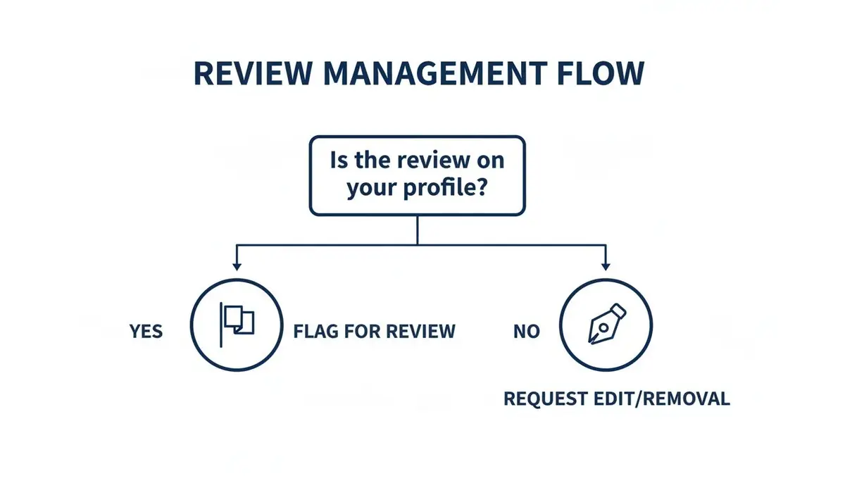 A review management flowchart guiding users on handling online reviews, including flagging or requesting removal.