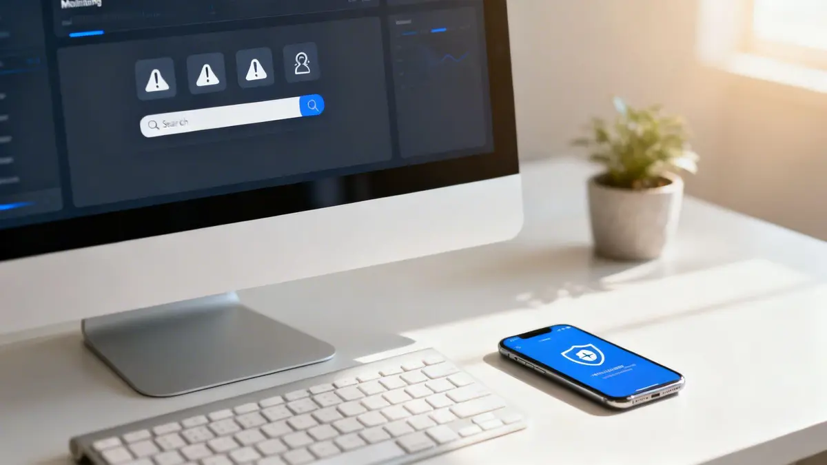 A desk setup showing a monitor with a dark security dashboard interface and a smartphone displaying a shield icon.