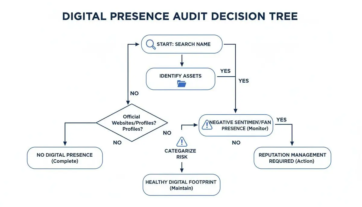 A digital presence audit decision tree flowchart outlining steps from searching a name to managing reputation.