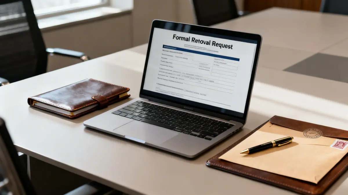 A laptop displaying a formal request form, a leather journal, and an envelope with a pen on a desk.