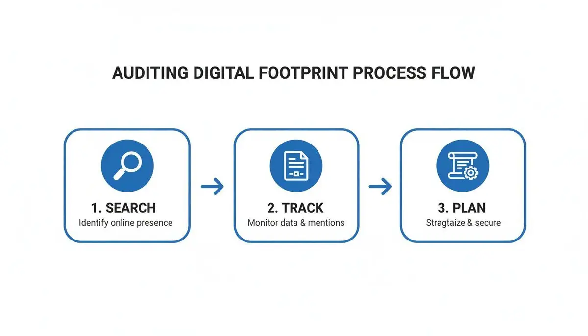 A three-step auditing digital footprint process flow with steps: Search, Track, and Plan.