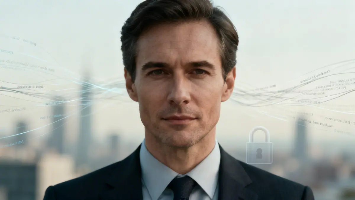 A professional man in a suit looking ahead, surrounded by flowing digital data lines and a security padlock icon.