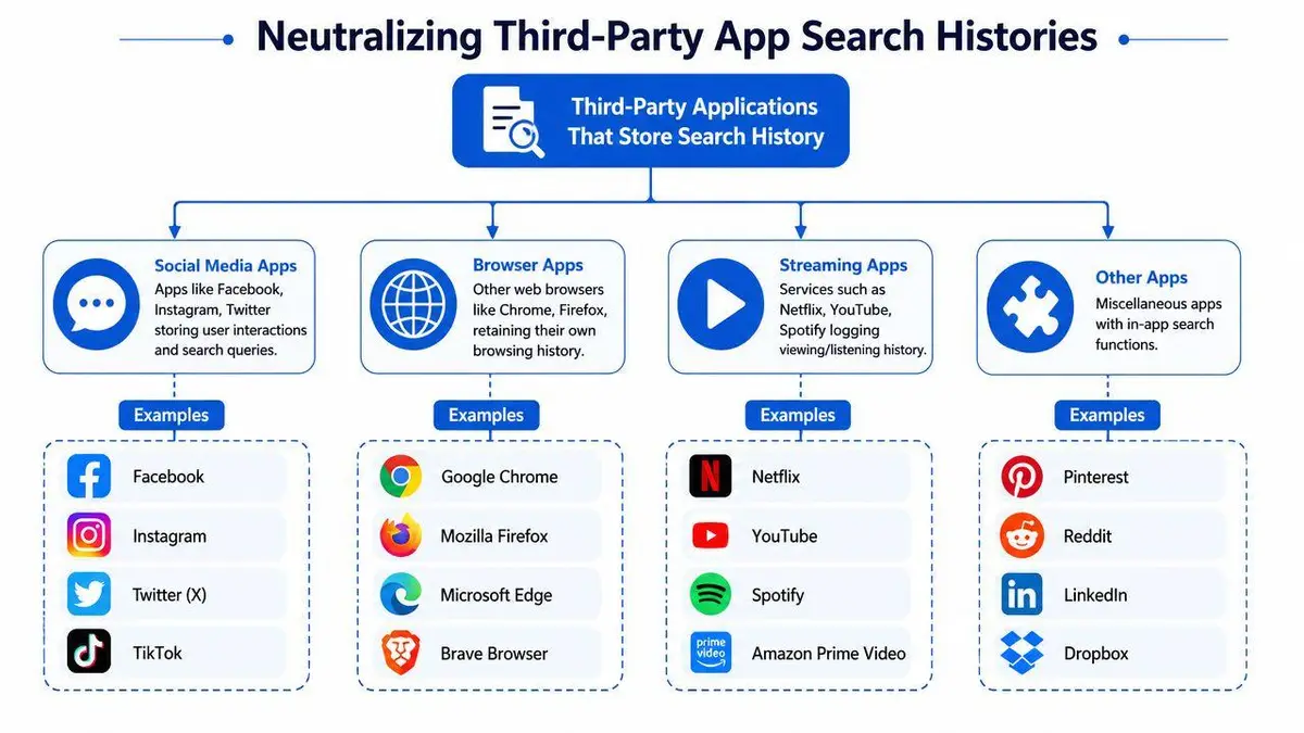 A diagram illustrating categories of third-party apps like social media, browsers, and streaming services that store user search histories.