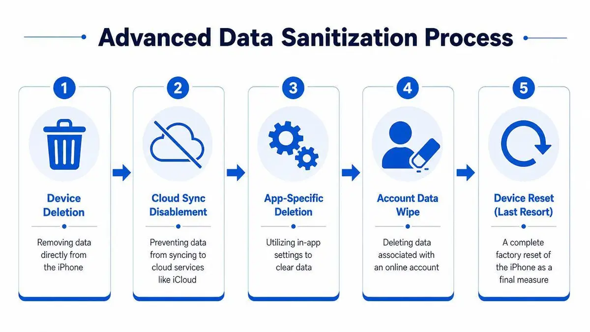 A flowchart showing the five steps of the advanced data sanitization process for an iPhone device.